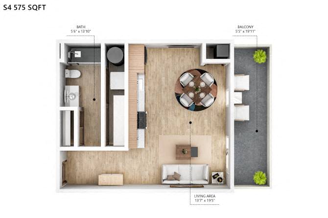 Floor plan for 1 bed, 1 bath, 575 sqft